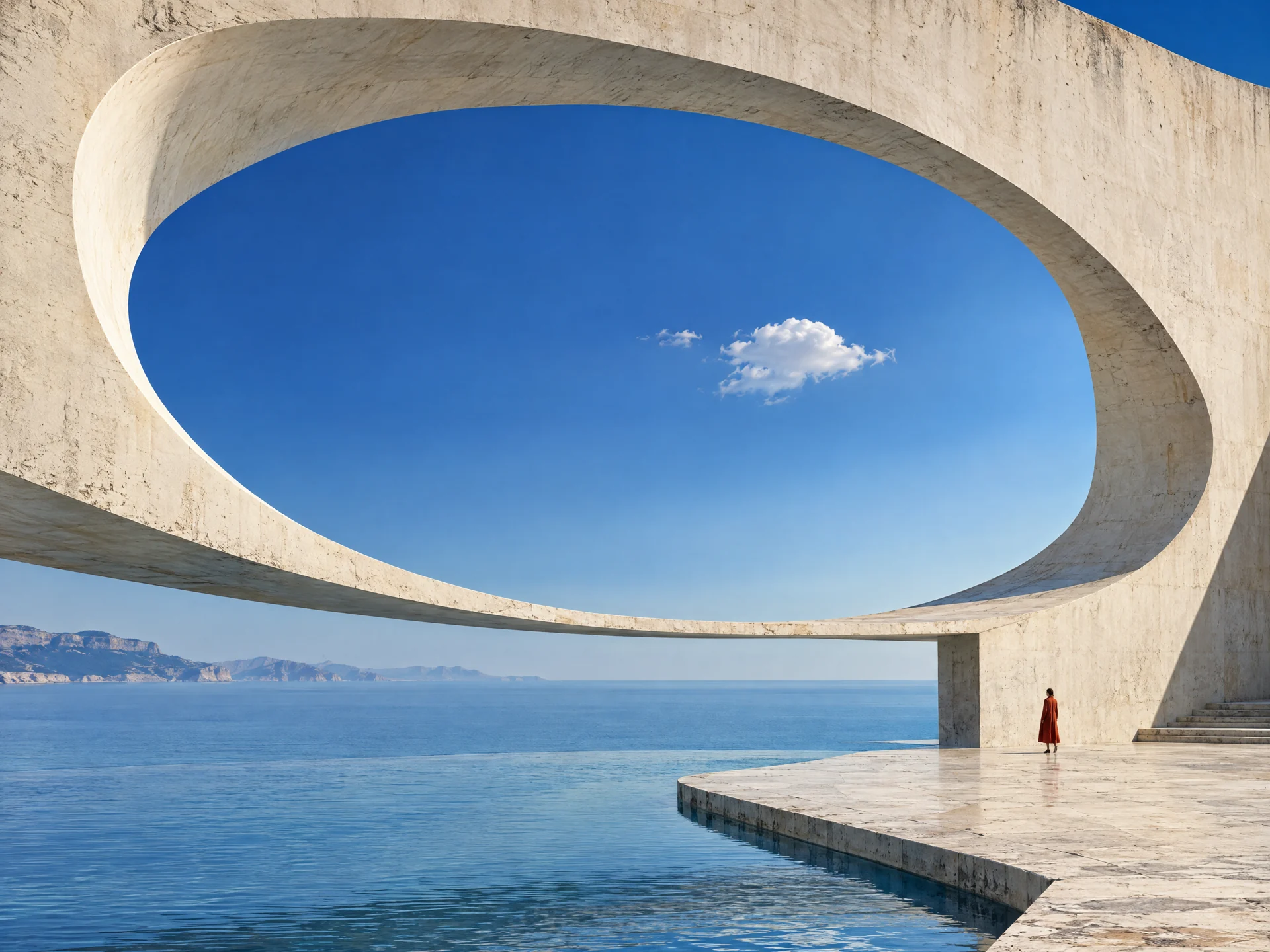 An oval stone structure opens onto a blue sea; a small figure in red gives it human scale.