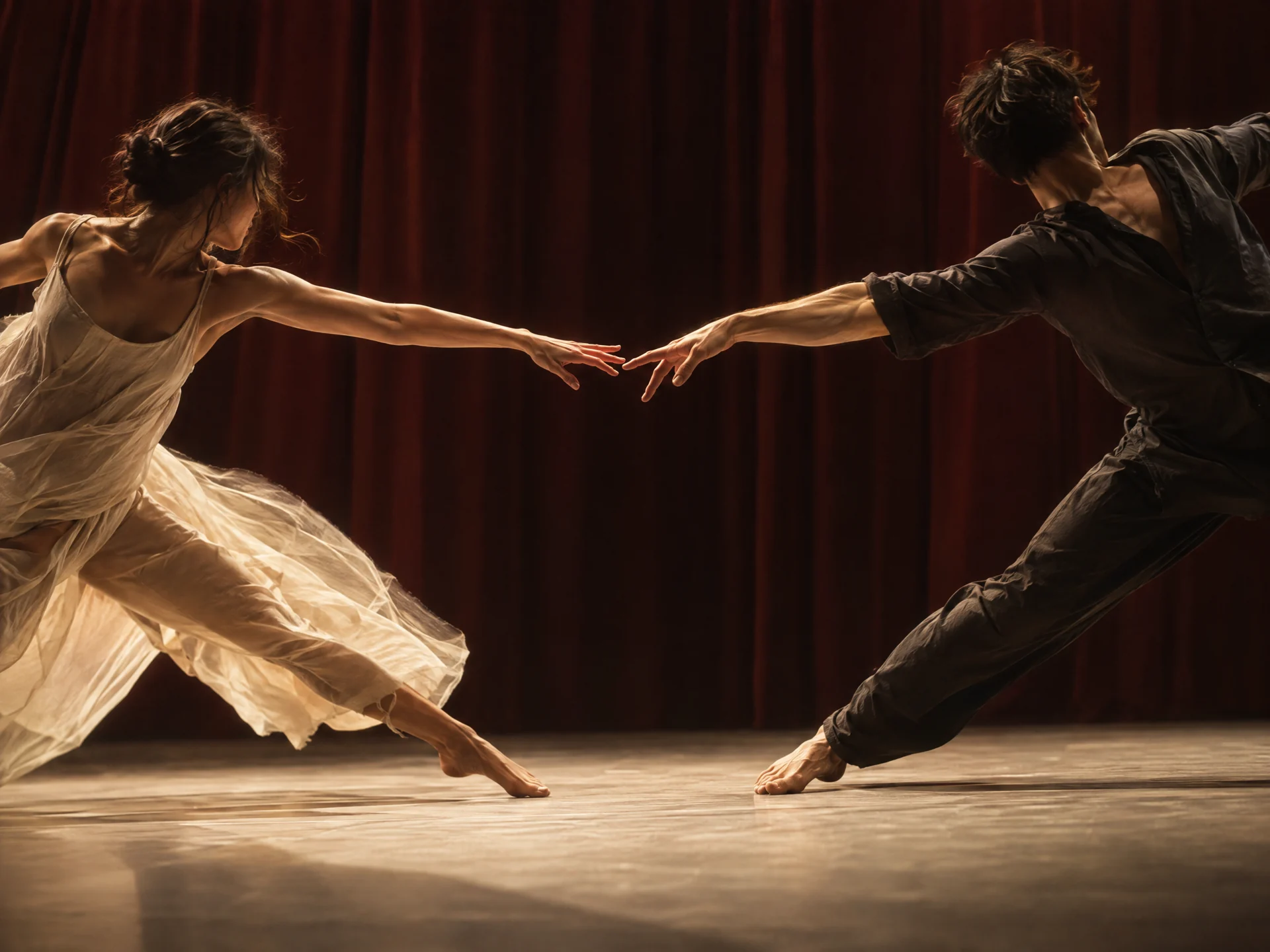 Two dancers reach towards one another in warm theatre light, their fingertips almost meeting.